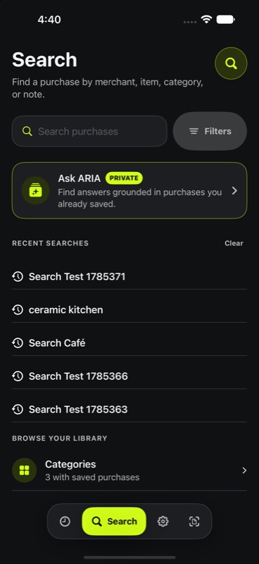 ARIA Scan receipt search