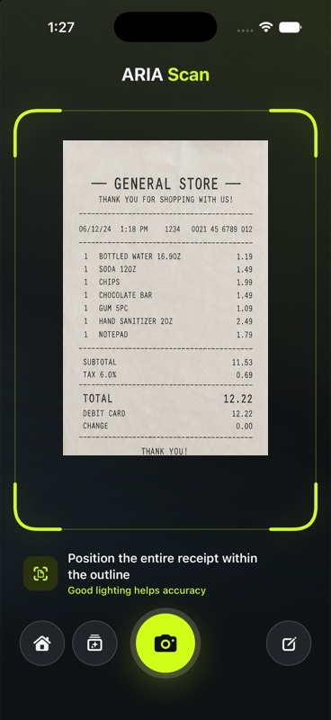 ARIA Scan camera framing a sample receipt