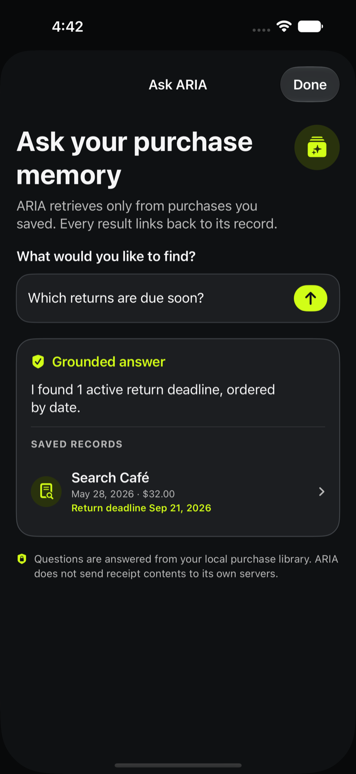 ARIA Scan grounded answer citing a saved purchase and return deadline