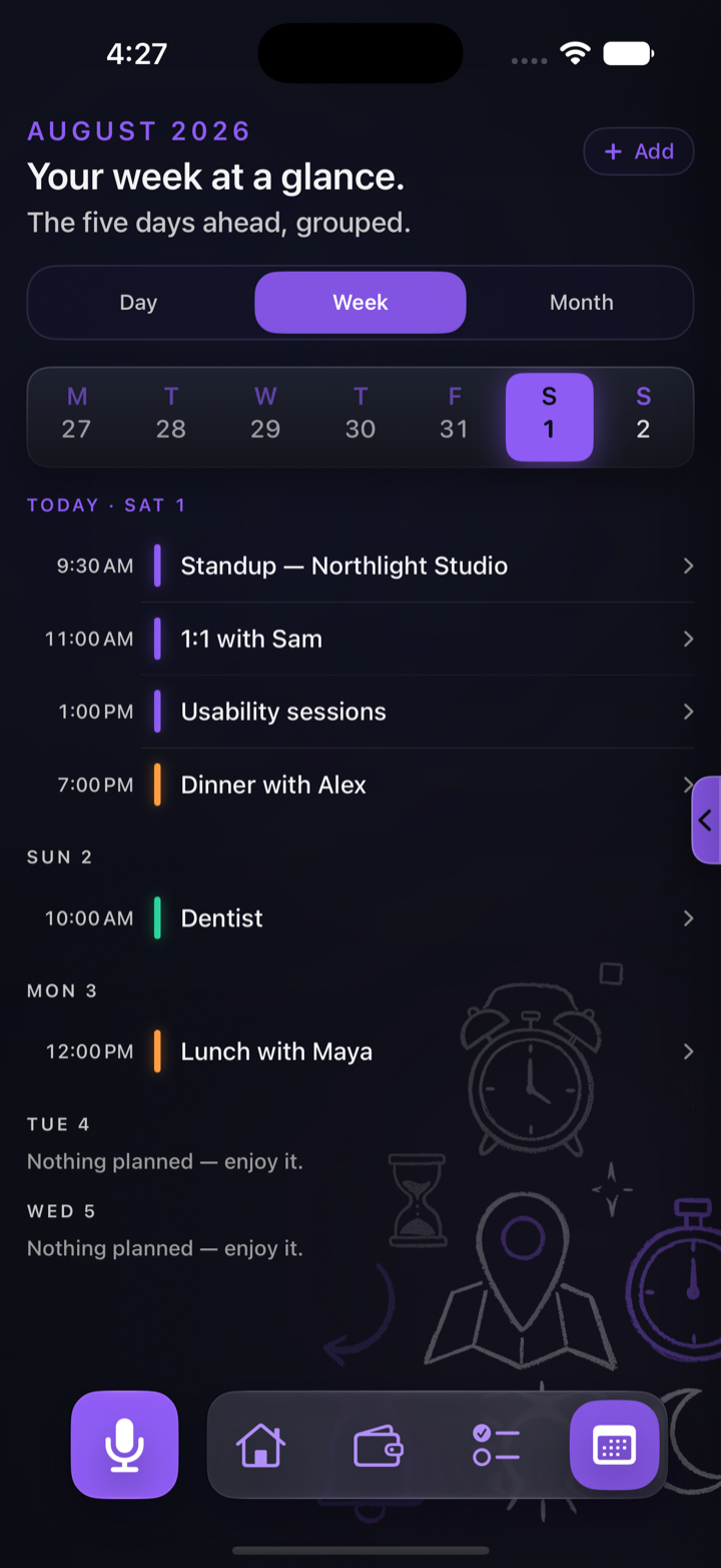 ARIA calendar view showing the current week and scheduled context
