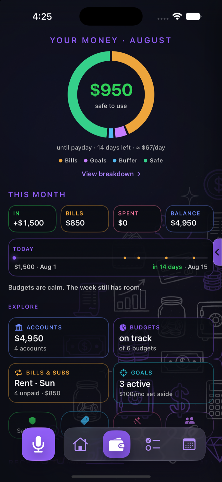 ARIA finance view showing the safe-to-use calculation