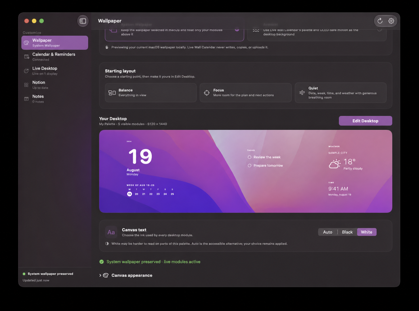 Live Wall Calendar showing Balance, Focus, Quiet, a customizable desktop preview, generic tasks, and Sample City weather