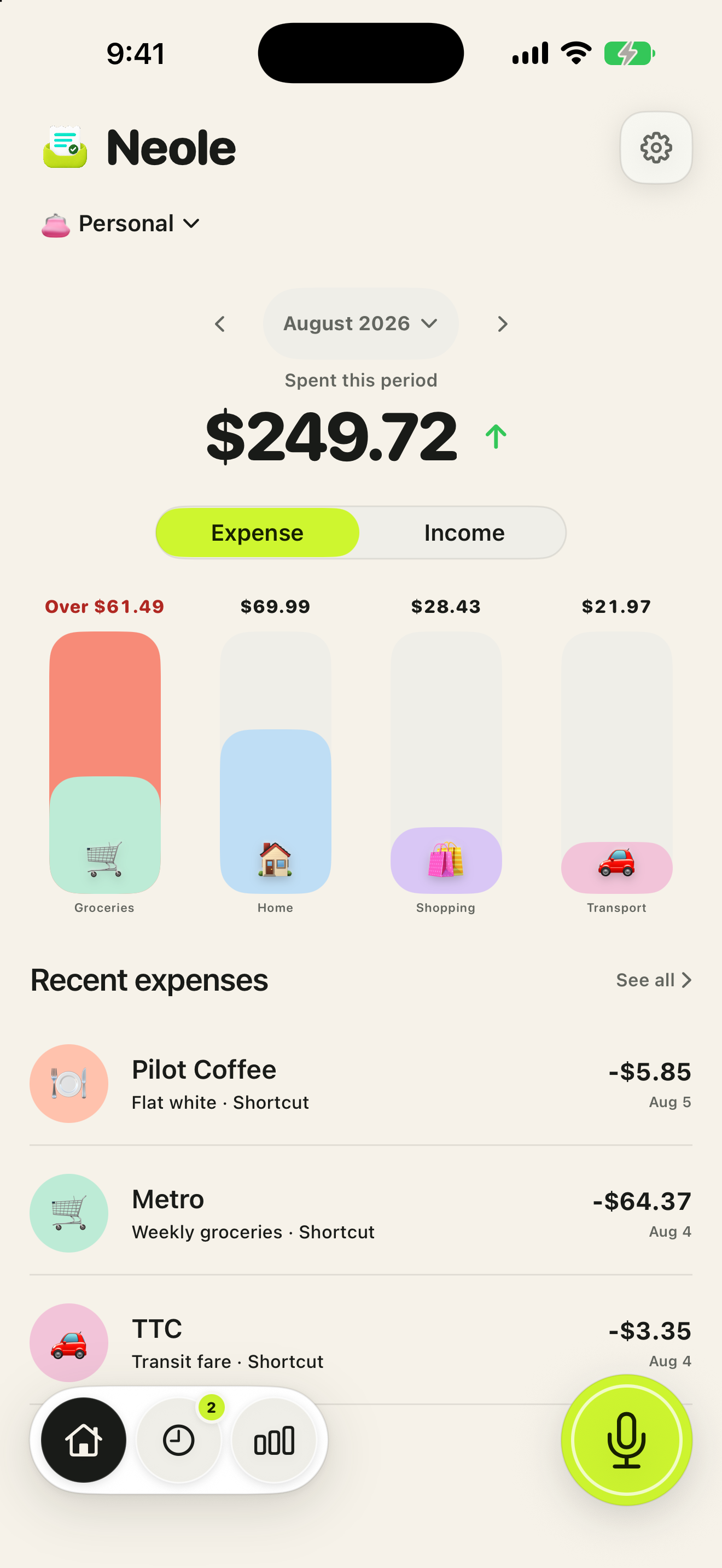 Neole spending overview with recent expenses and category totals