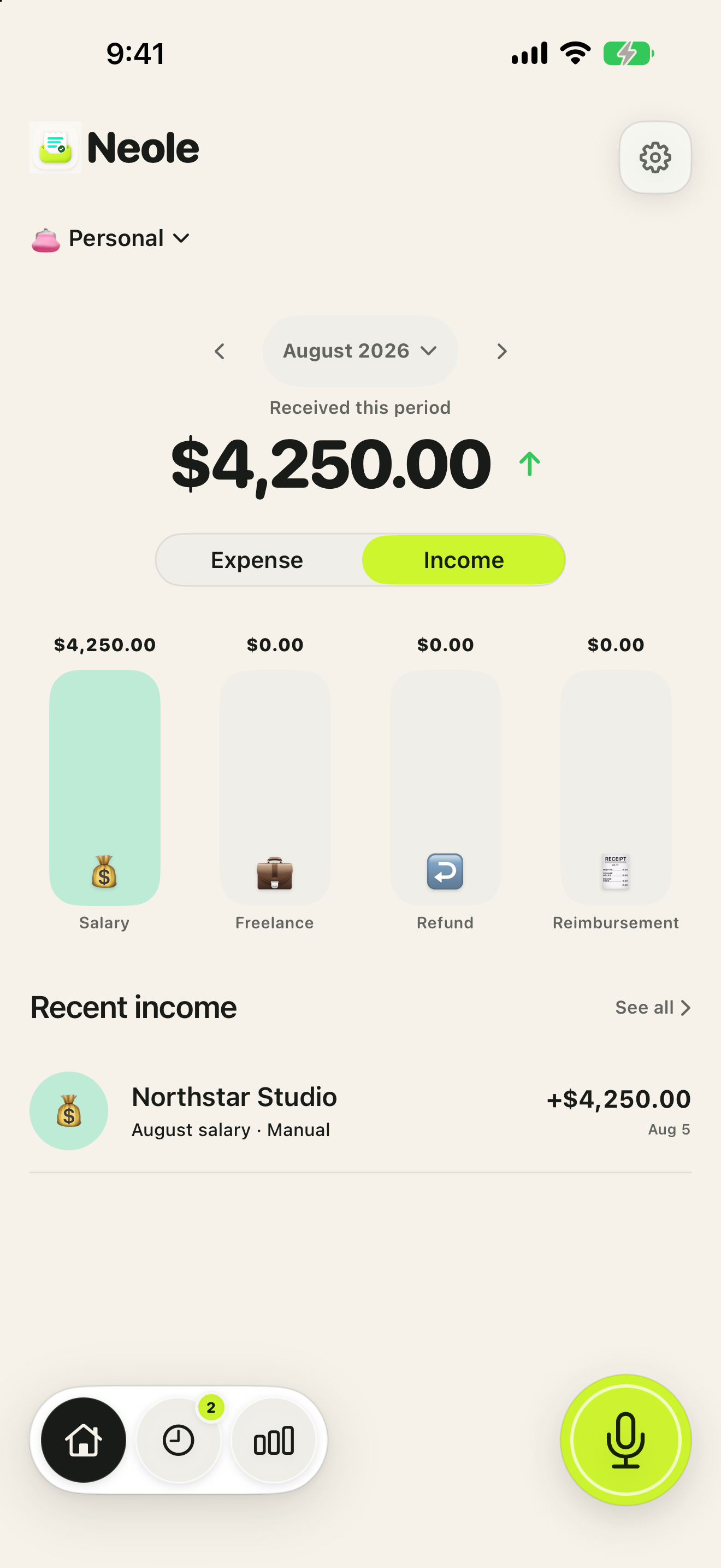 Neole Income view with a salary entry and category meter